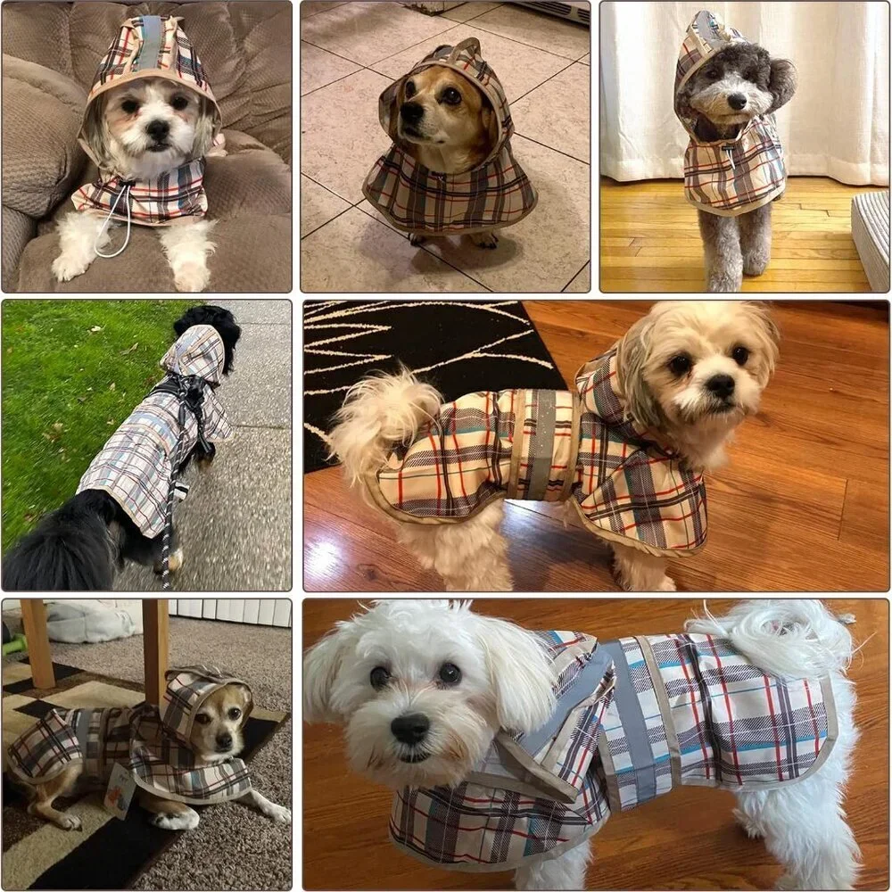Dog Raincoat Hooded Slicker Poncho with Leash Hole Beige M